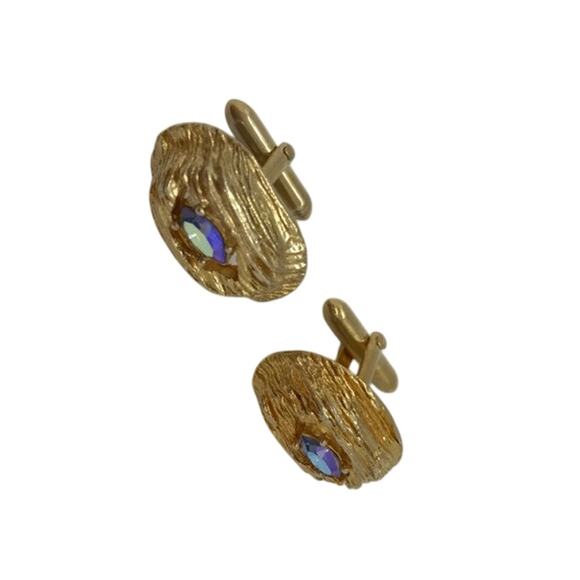 Swank Cuff Links Vintage Mid Century Gold Nuggets Blue Smoke AB Rhinestones - Picture 3 of 7